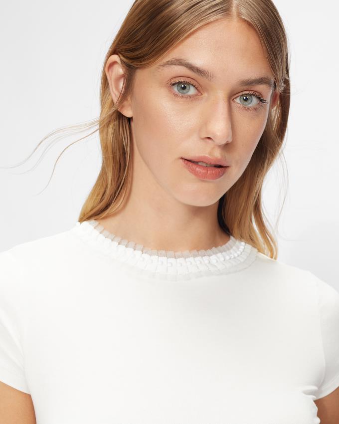 T-Shirt Ted Baker Frill Neck Fitted Blanche Femme | JEW-06849768